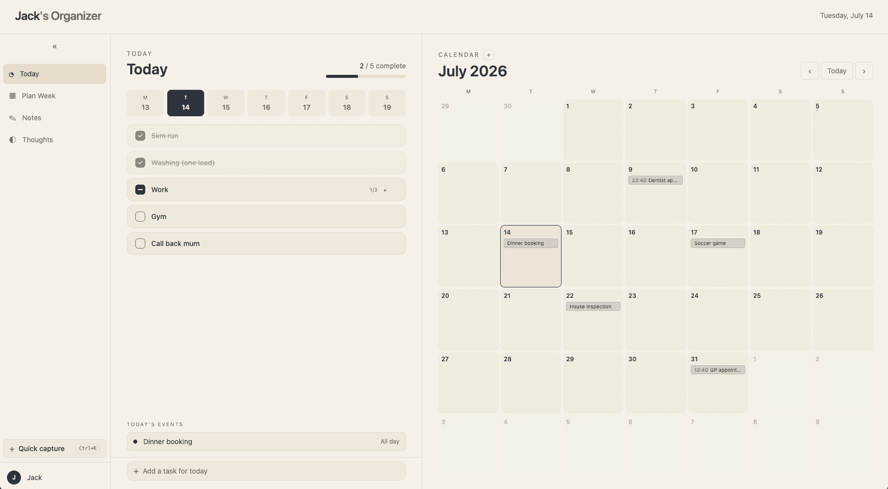 Lullim's Today view — tasks and calendar side by side